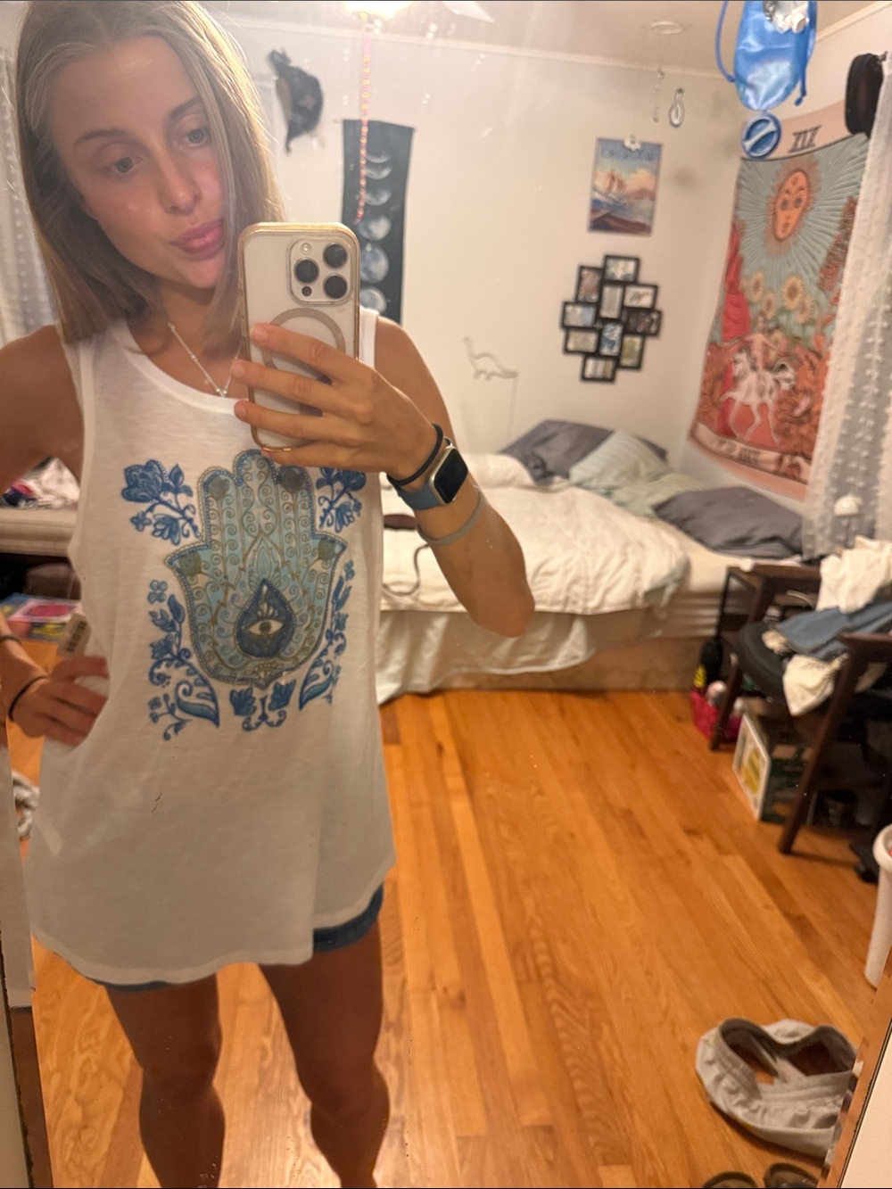 Lucky Brand White Tank with Blue & Teal Hamsa Design